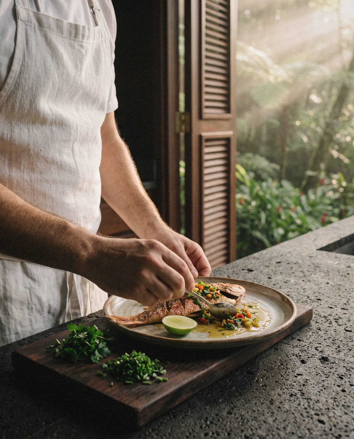 Le chef dresse une assiette de cuisine créole.