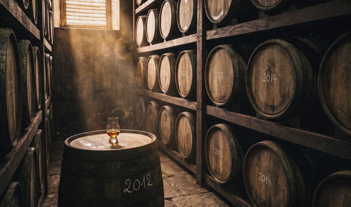 Fûts de chêne dans le chai d’une distillerie de rhum.