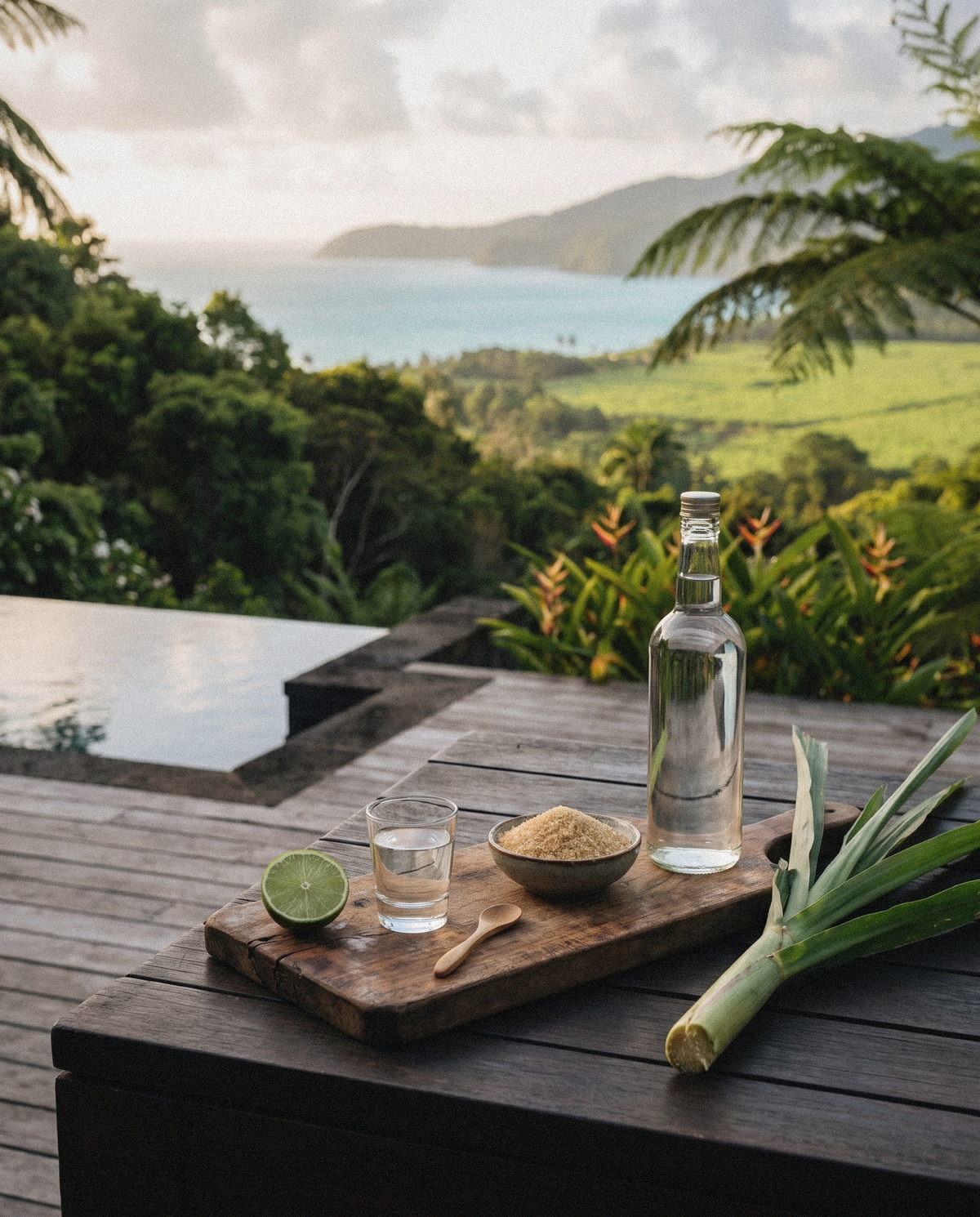 Citron vert, sucre de canne, rhum blanc et canne fraîche sur une table en bois.