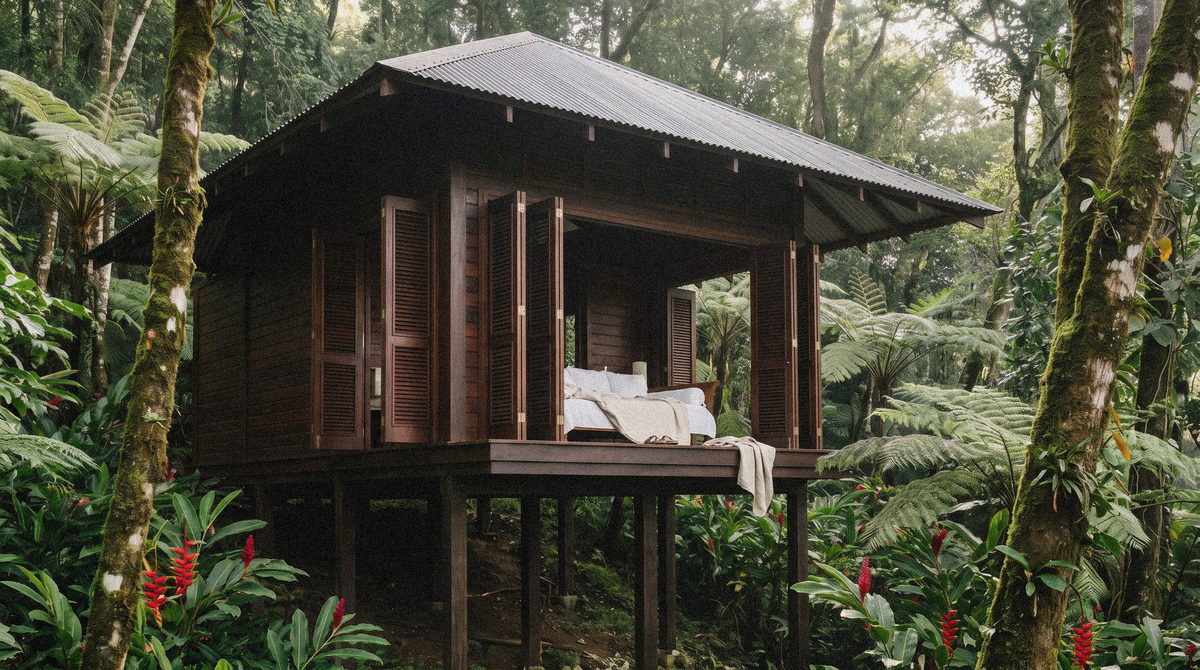 La Suite Canopée, pavillon en bois sombre sur pilotis dans la forêt tropicale.