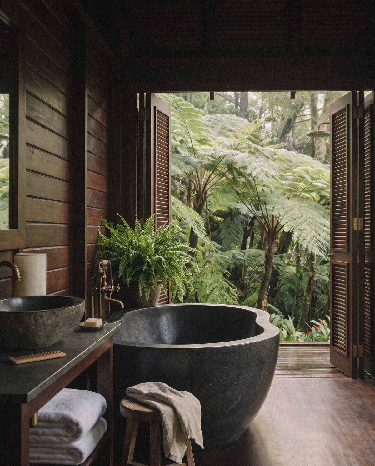 Salle de bain en bois sombre et pierre, douche ouverte sur la forêt.