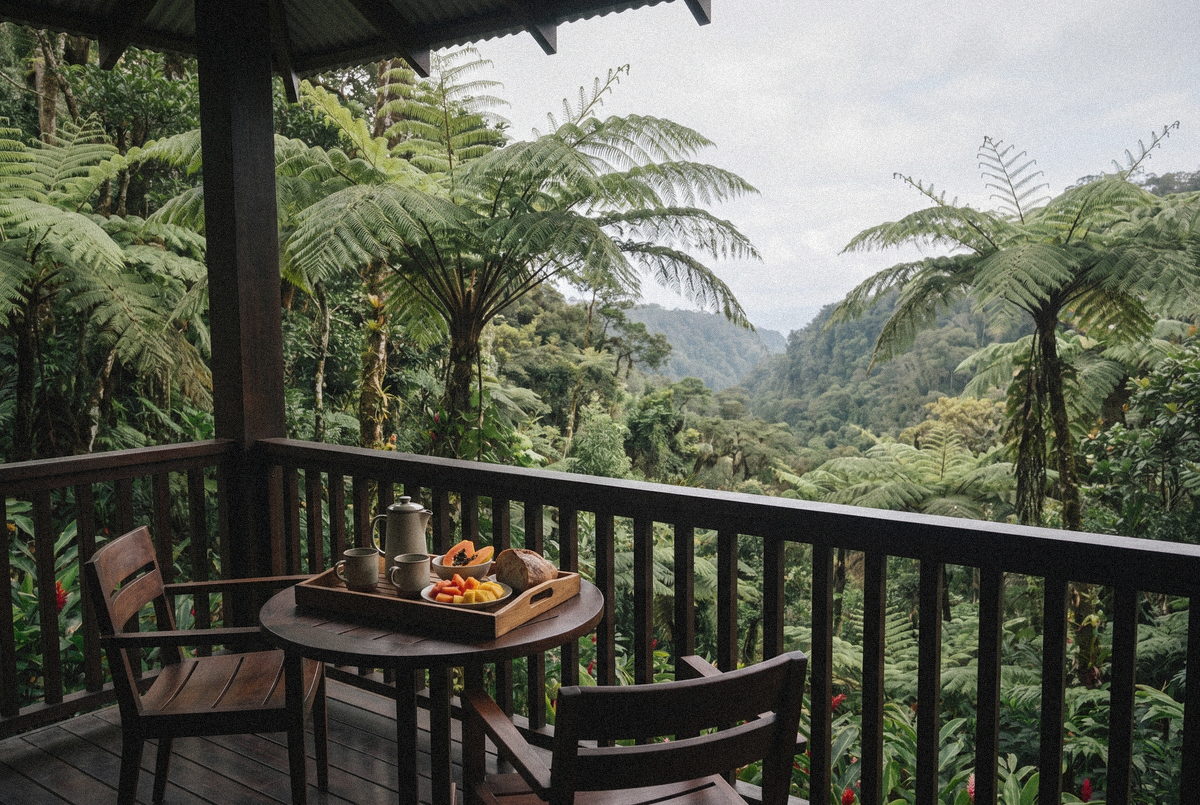 Terrasse de la Suite Canopée, plateau du petit-déjeuner face à la canopée.