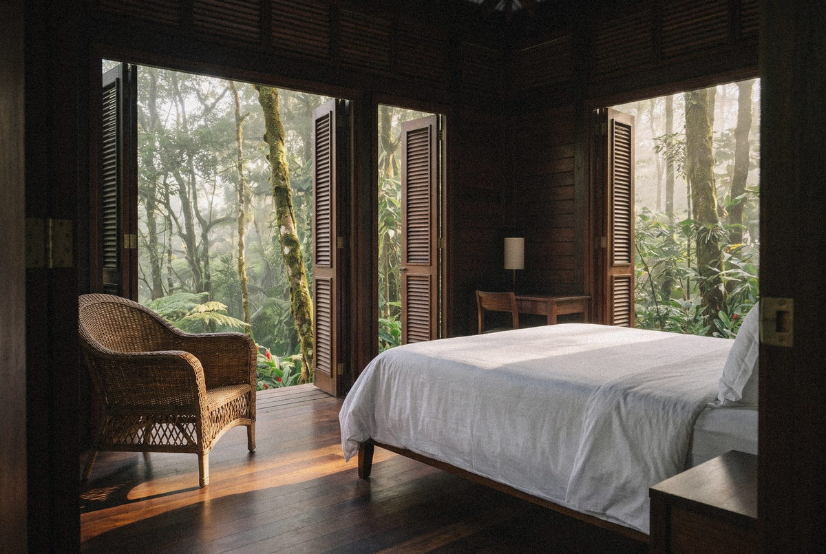Deuxième chambre de la Villa Rivière, ouverte sur la forêt.