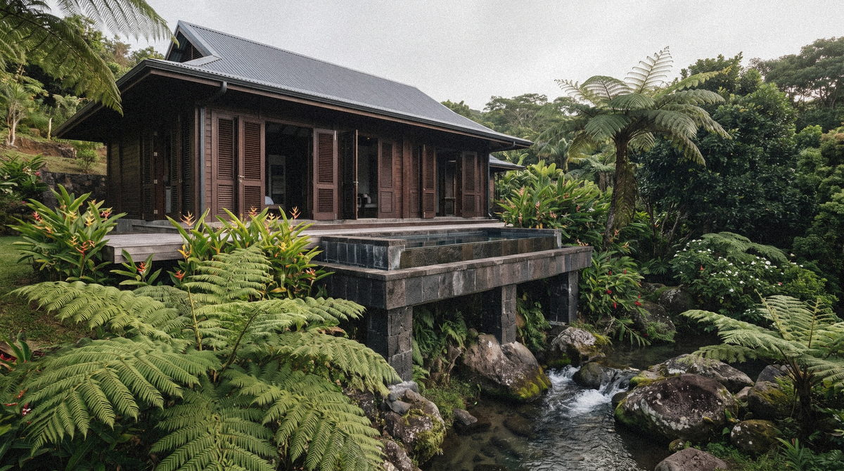 La Villa Rivière, maison en bois sombre dont la terrasse et la piscine surplombent la rivière.