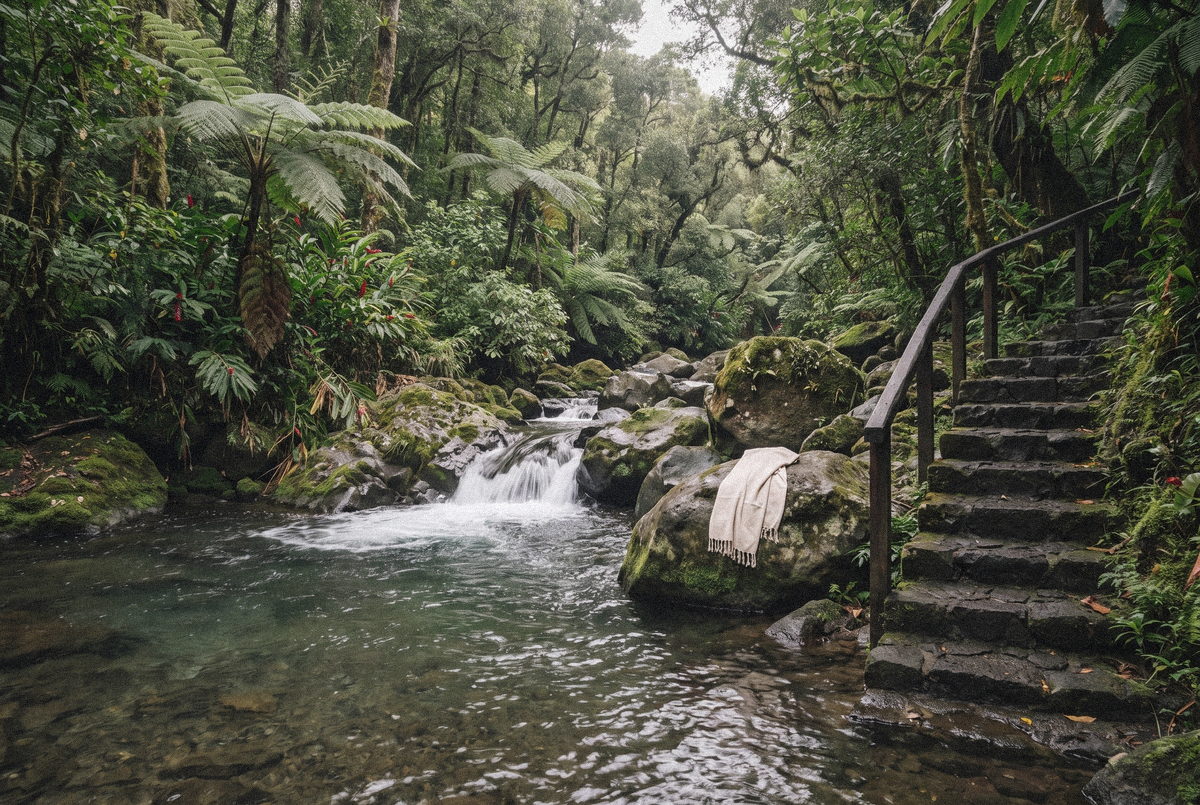 La rivière au pied de la Villa Rivière, vasque d’eau claire entre les rochers.