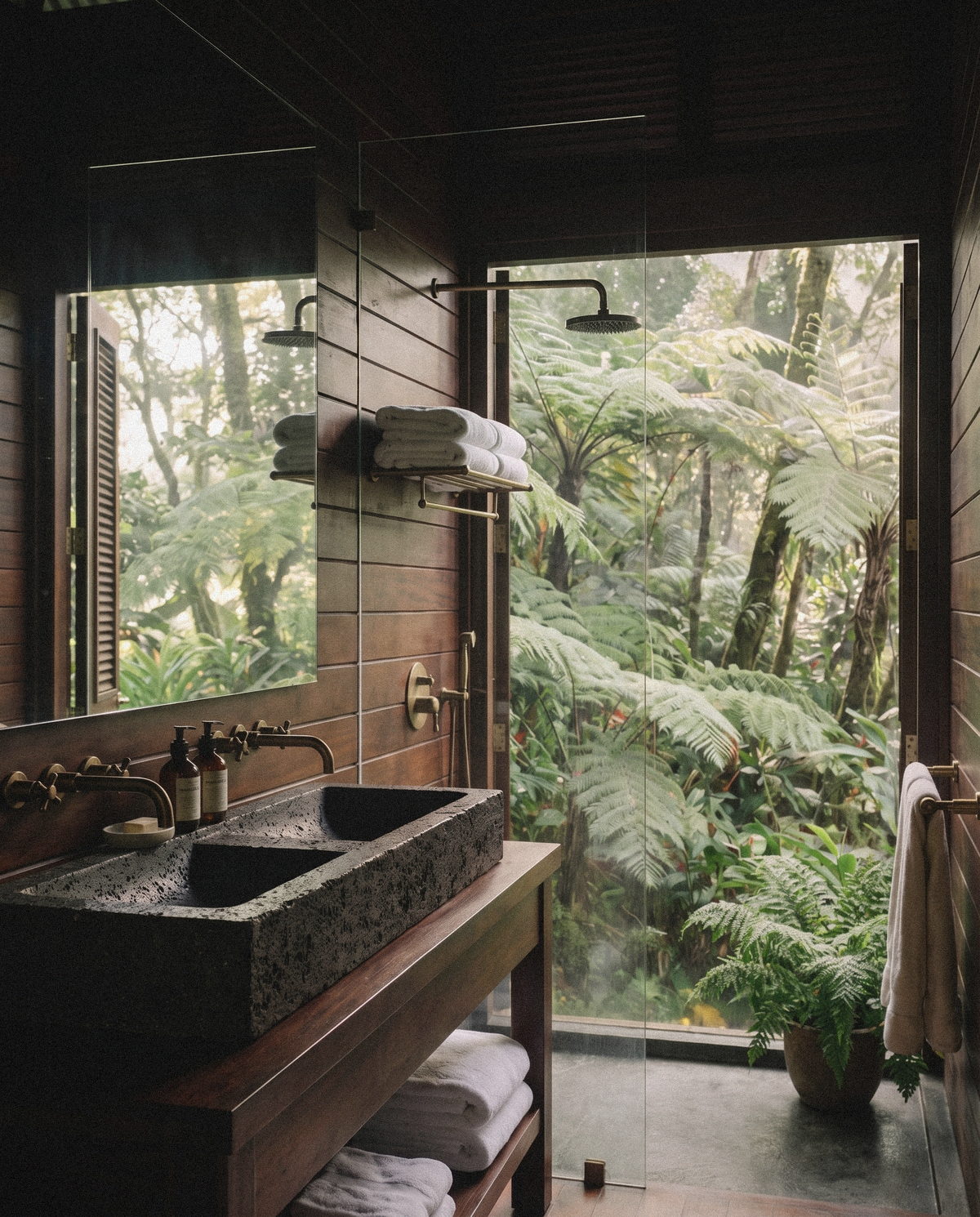 Salle de bain de la Villa Rivière, double vasque en pierre face aux arbres.